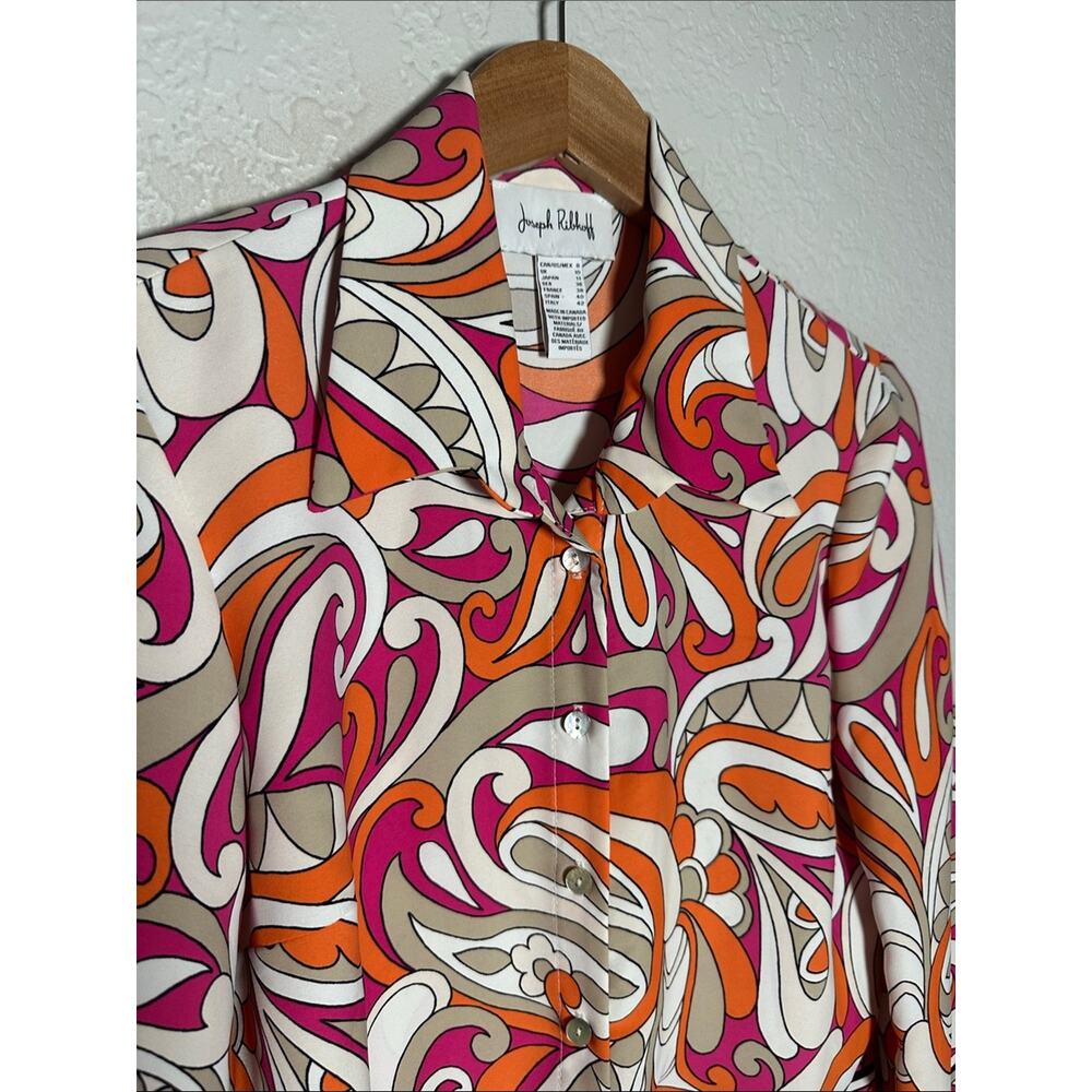 Joseph Ribkoff Pink Orange Paisley Tie Front Blouse Retro 70s Summer Girl - Picture 4 of 8